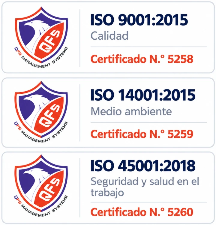 Certificación Trinorma QFS: ISO 9001:2015 Calidad, certificado N.º 5258; ISO 14001:2015 Medio ambiente, certificado N.º 5259; ISO 45001:2018 Seguridad y salud en el trabajo, certificado N.º 5260