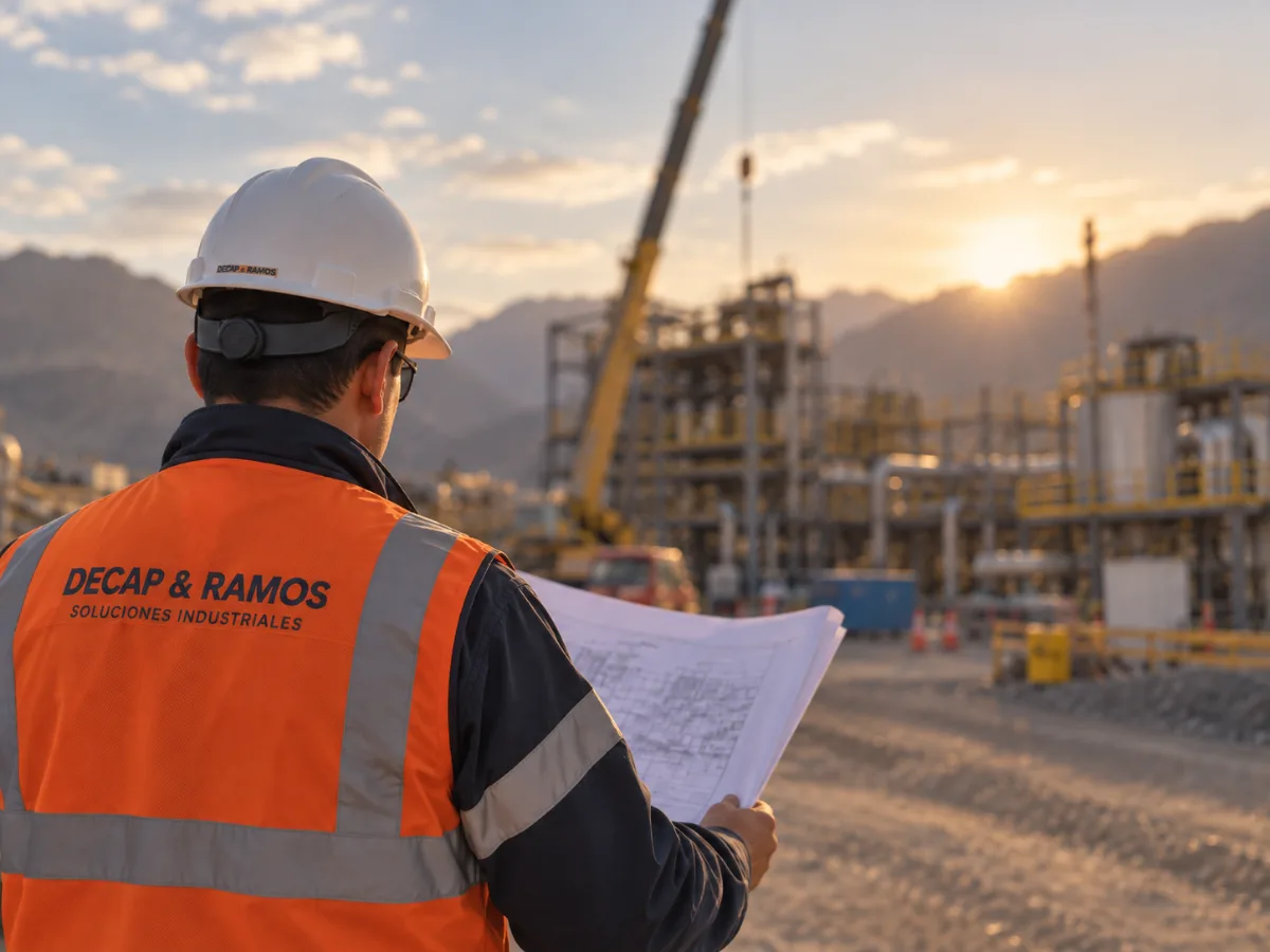 Profesional con casco y chaleco de Decap & Ramos revisando planos frente a una instalación industrial en construcción