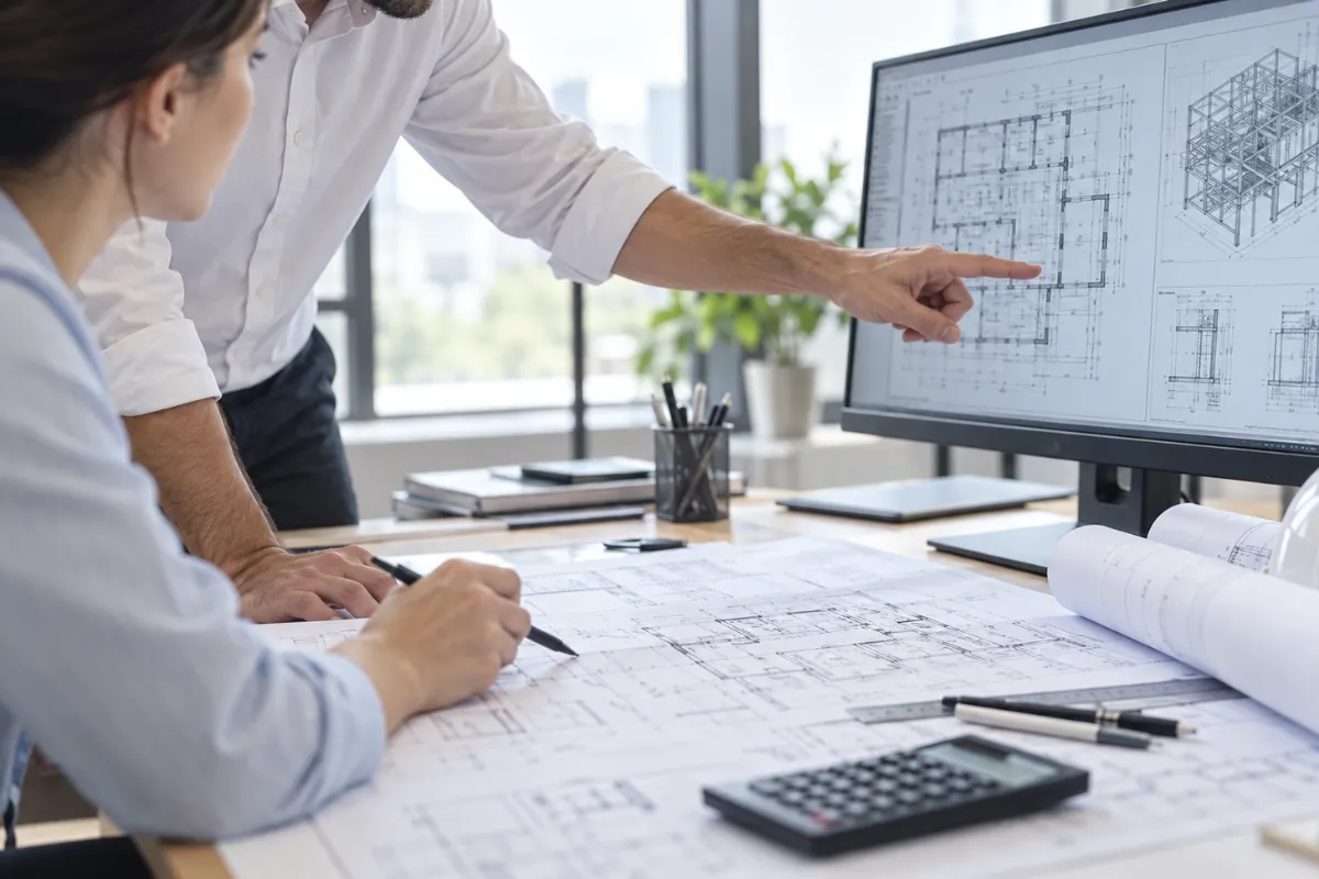 Profesionales revisando planos y un modelo estructural en pantalla en una oficina técnica