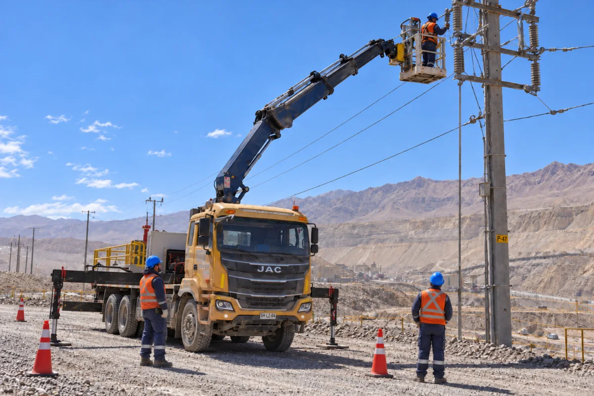 Camión con brazo elevador y trabajador en canasta realizando labores en una línea eléctrica aérea, con personal de apoyo en una faena minera