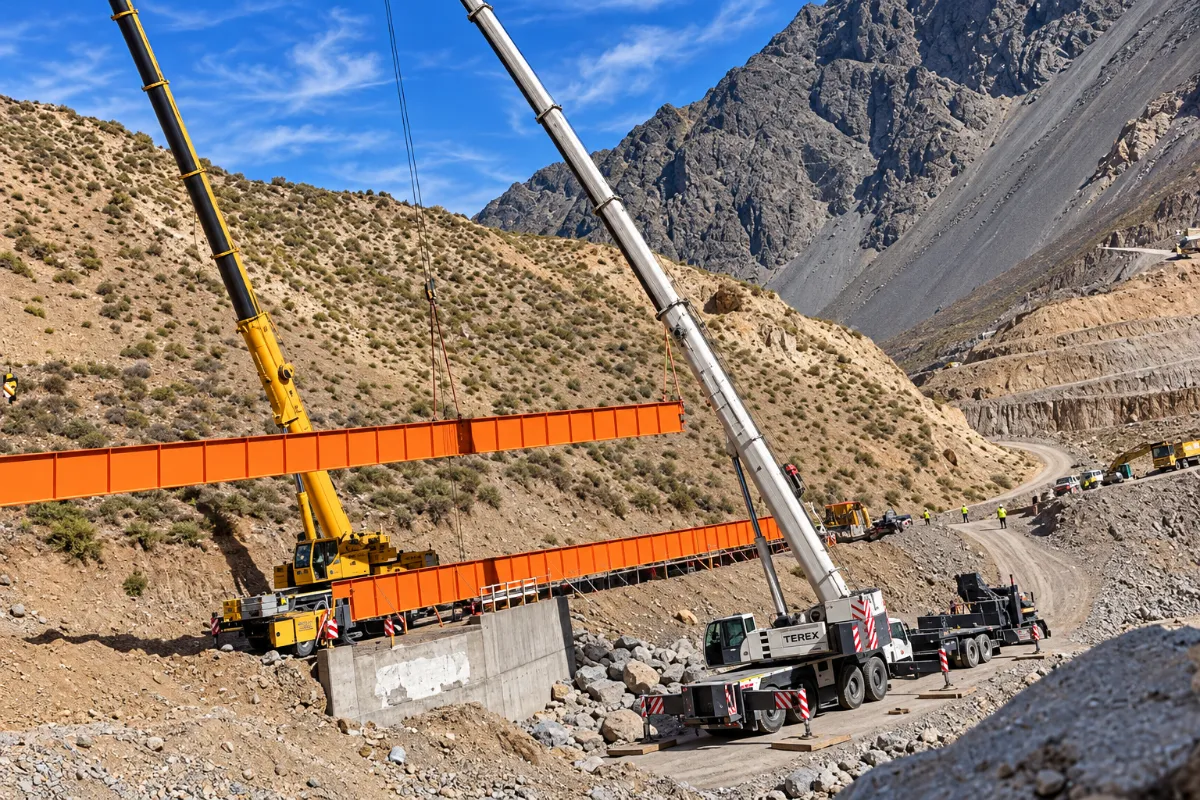 Grúas montando vigas metálicas de un puente en una zona cordillerana