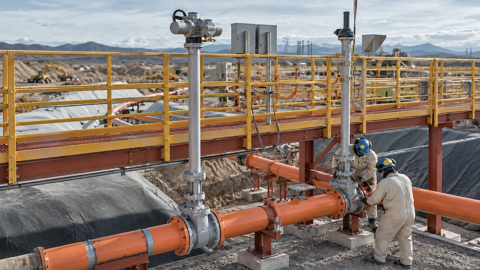 Montaje de piping industrial con pasarela metálica en una faena minera