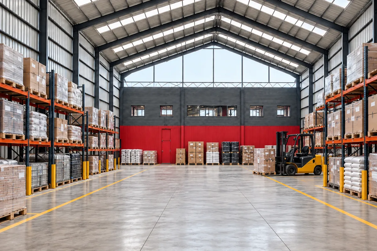 Imagen conceptual de una bodega industrial con estanterías, pallets y un montacargas