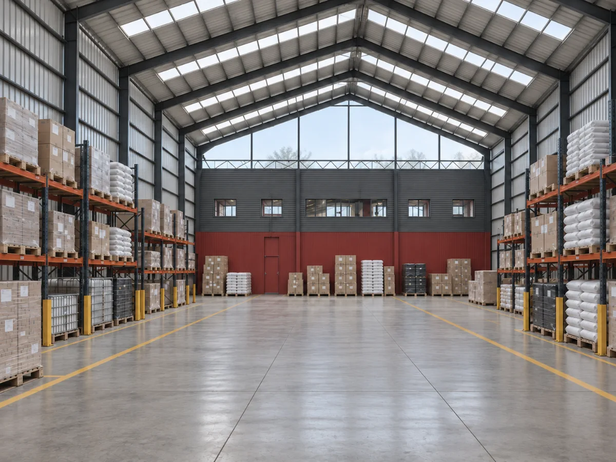 Imagen referencial del interior de una bodega industrial con estanterías, pallets y un montacargas